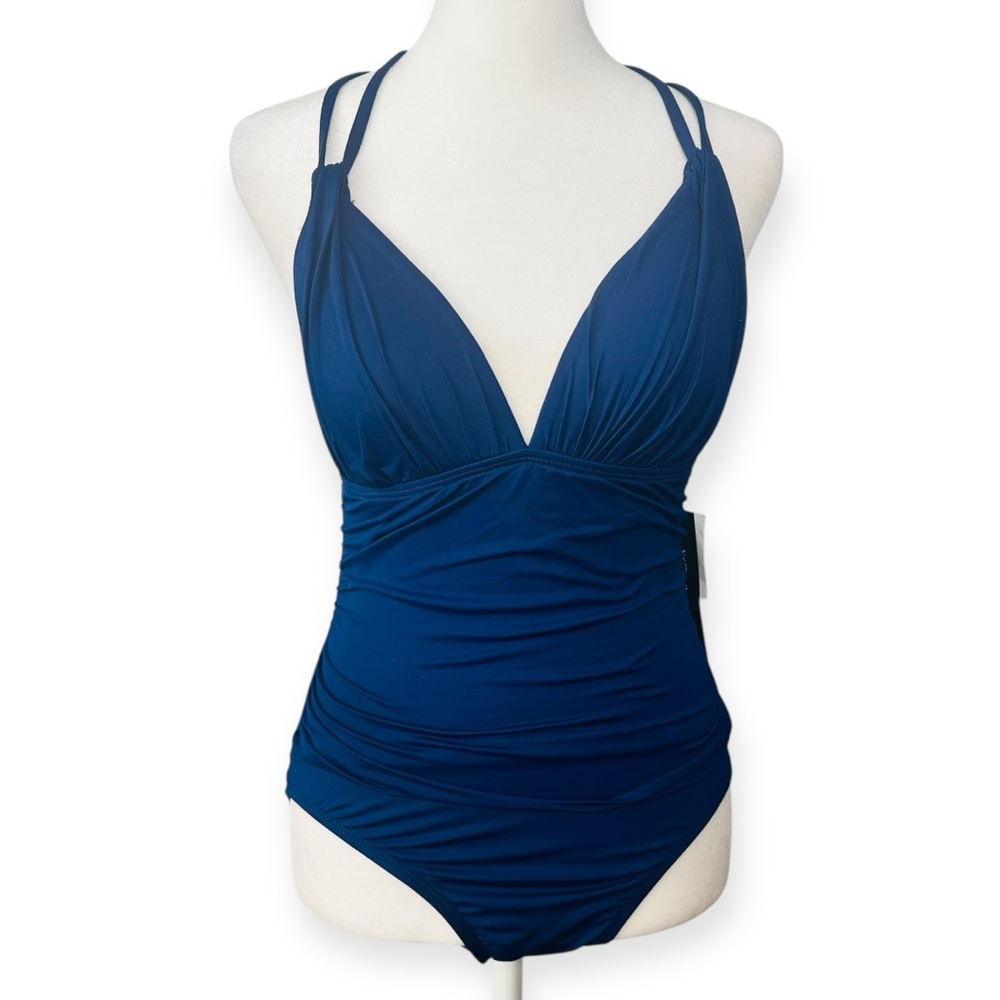 La Blanca Ruched Front Cross Back One Piece Swimsuit Indigo Blue NEW Size 6 - Picture 2 of 10